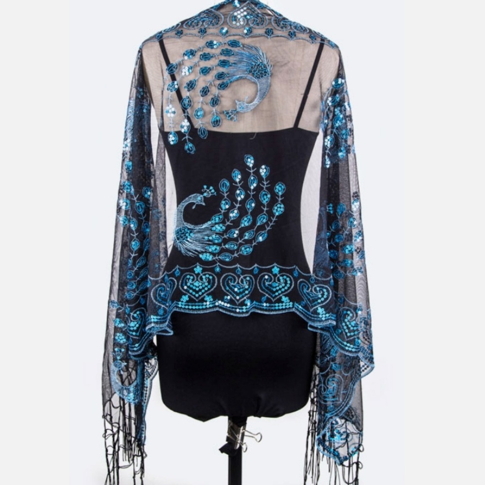 Scarf - Sequins Peacock Fringe Lace Blue